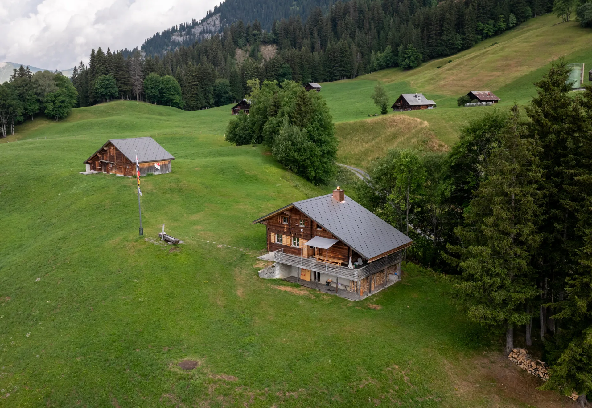 Die Hütte und der Fuxenstall im Sommer 2026, mit neuen Dächern.